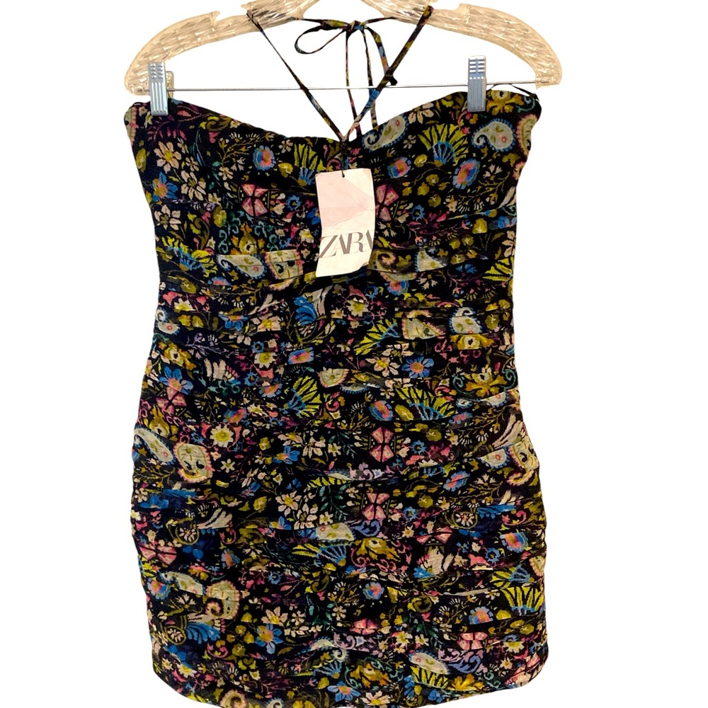 Zara Women’s Size Large Ruched Black Floral Bodycon Mini Dress • Sleeveless NWT